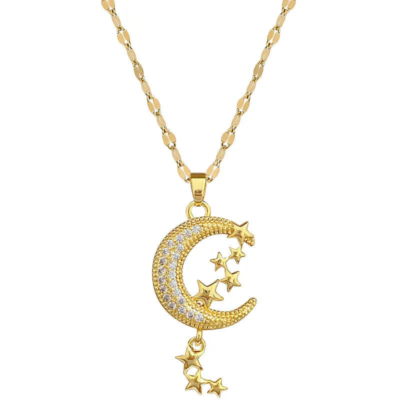 Stainless steel necklace with diamond-covered moon geometric pendant and tassel detail.