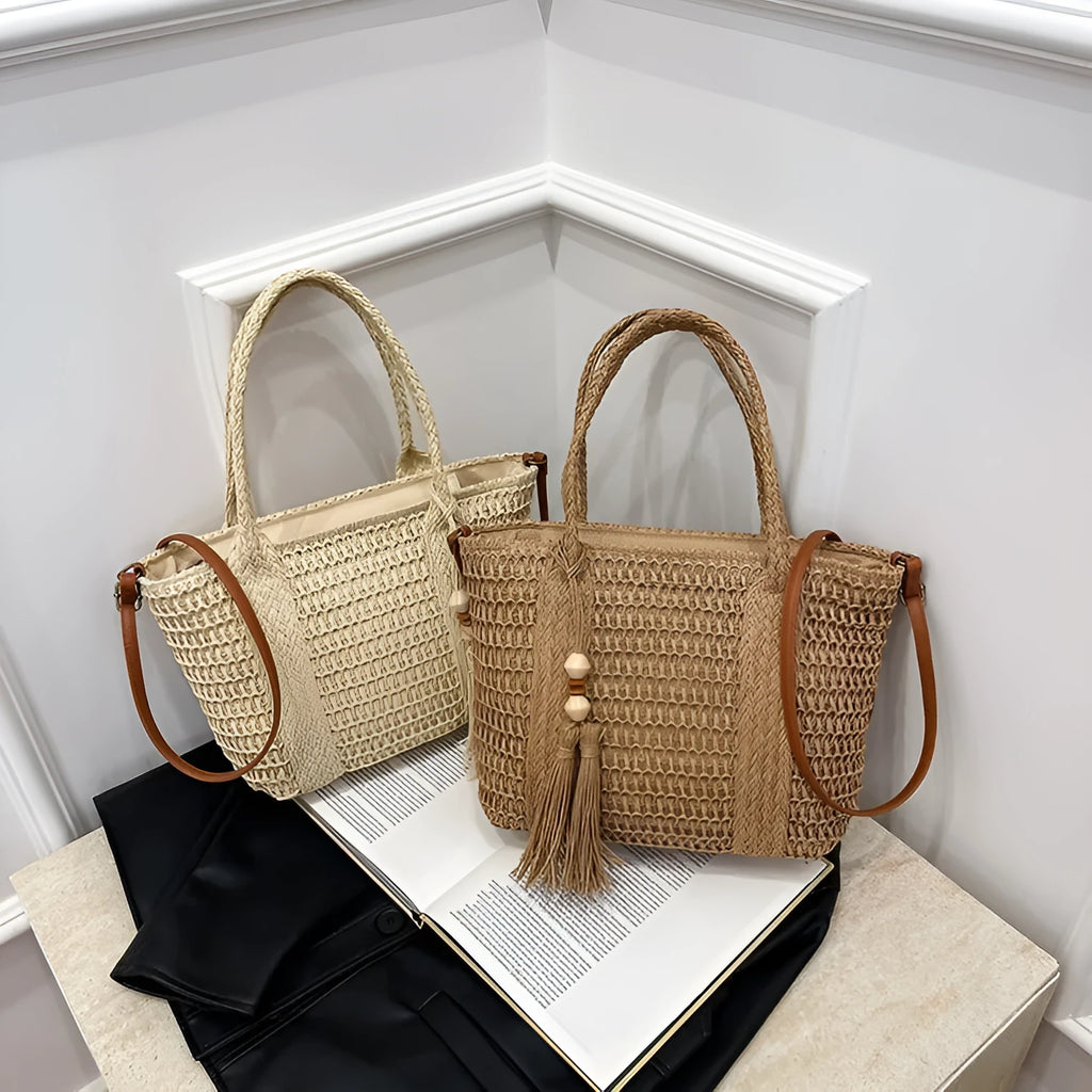 Khaki and milky white woven straw women's crossbody shoulder bag with large capacity