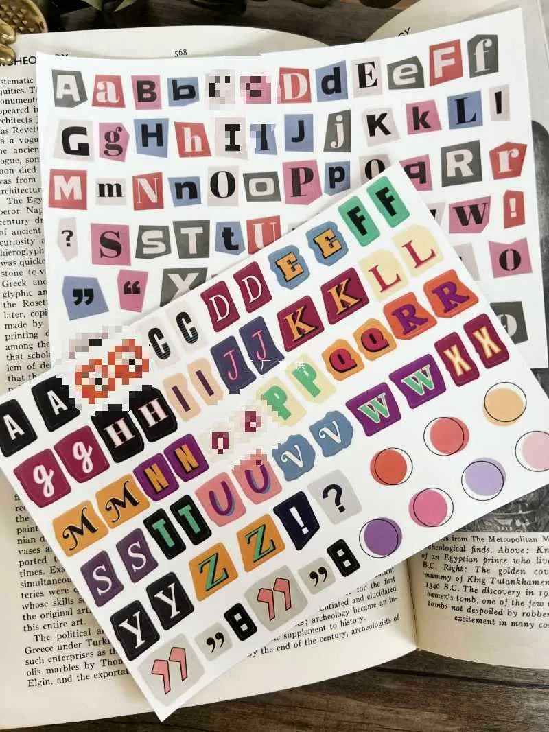English letters and numbers symbol label stickers showing A-E letters and week words in cute printed designs