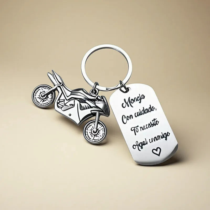 Stainless steel motorcycle keychain with metal key ring and grey flannel storage bag