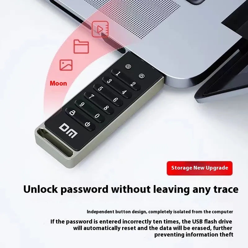 64GB metal USB flash drive with fingerprint scanner and digital encryption buttons