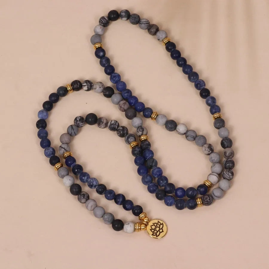 Blue patterned network stone bead multi-layer bracelet with alloy construction and adjustable chain