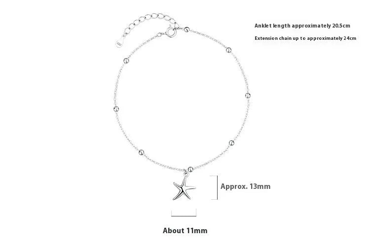 Women's sterling silver S925 anklet with a starfish charm and round beads chain.