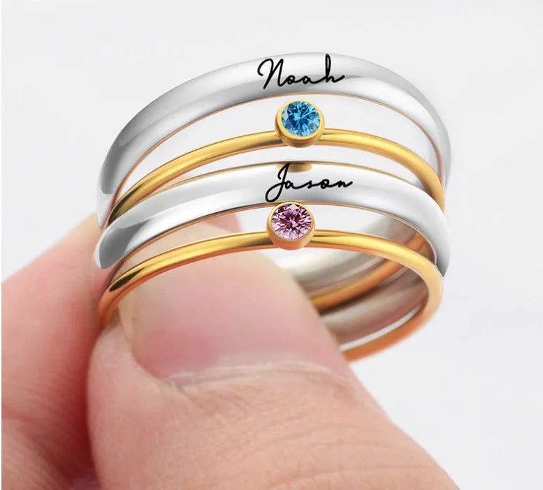 December birthstone engraved titanium steel ring with geometric shape and superimposed pattern