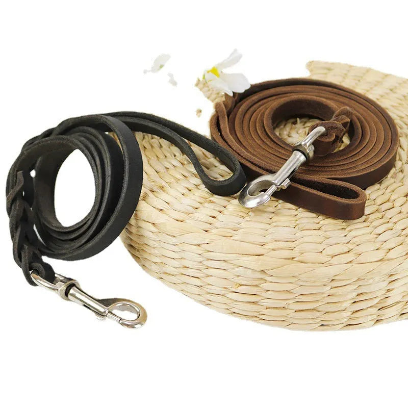 Thickened cowhide leather dog walking rope in light brown colour with hand-held loop