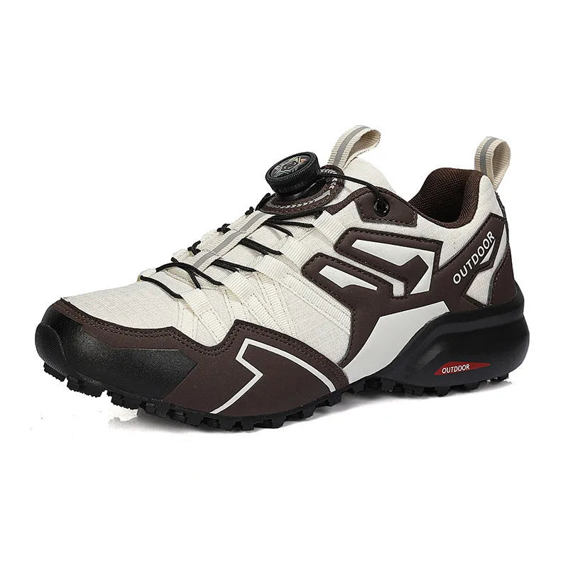 Men's beige lightweight hiking shoes with an elastic band closure and rubber sole.