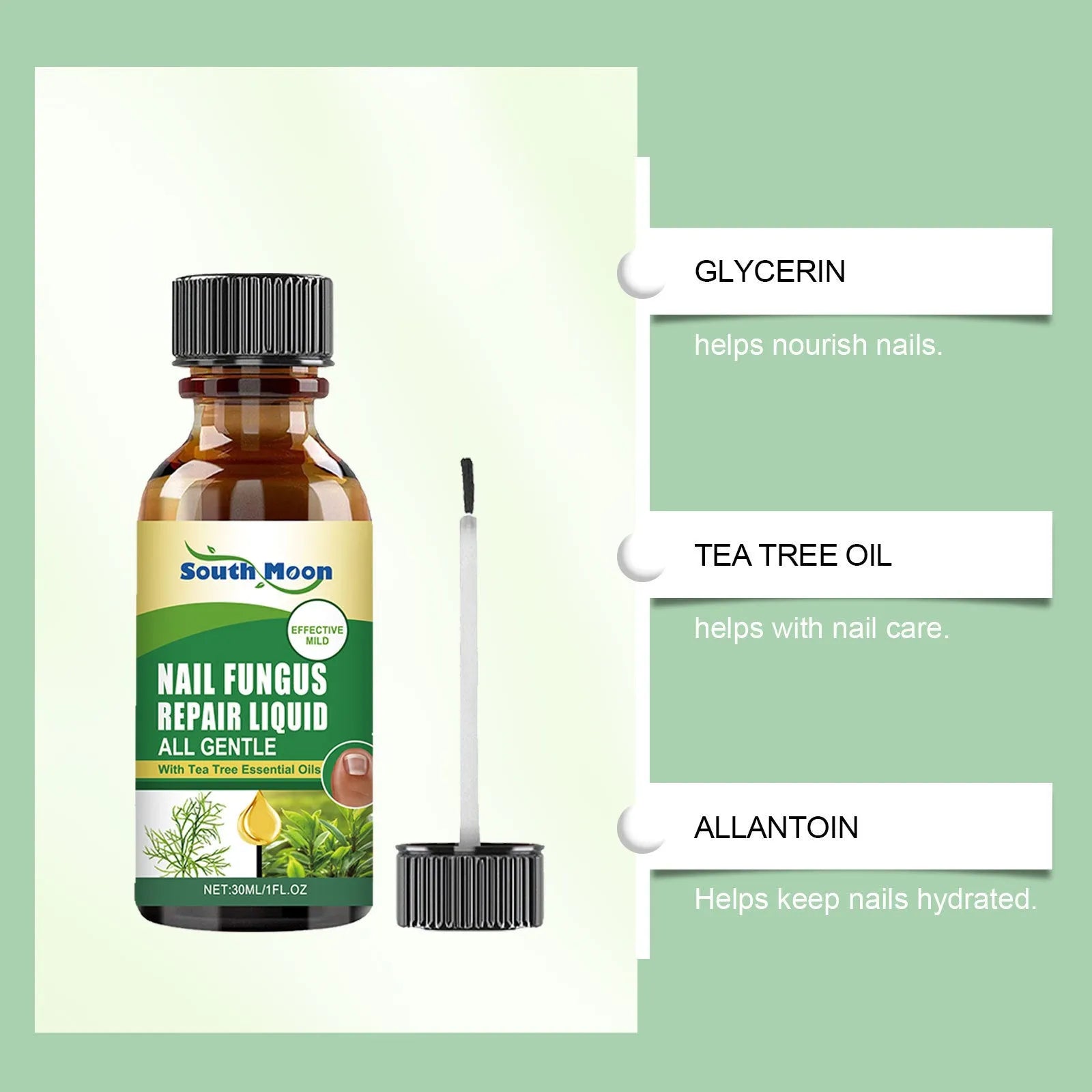 30ml bottle of nail fungus repair solution with tea tree oil and moisturising ingredients