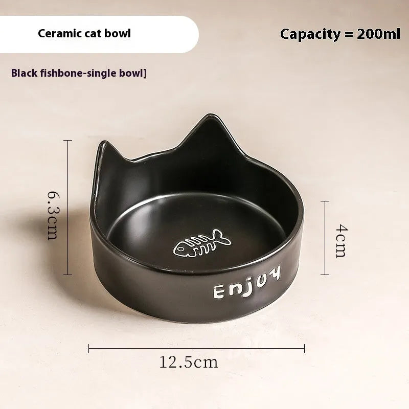 Porcelain cat bowls with wooden frame in cat ear paw design