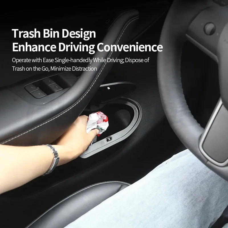 Black ABS plastic car door trash can designed for Tesla Model Y front door pockets.