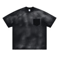 Black men's loose fit cotton T-shirt with printed white letter design and drop-shoulder sleeves