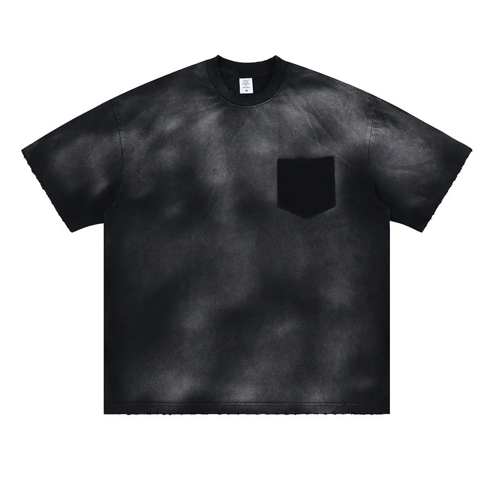 Black men's loose fit cotton T-shirt with printed white letter design and drop-shoulder sleeves
