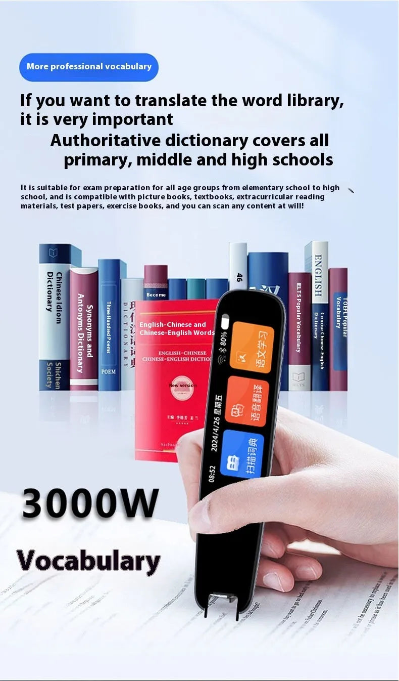 Universal talking pen for offline English scan translation in dark grey or white colours