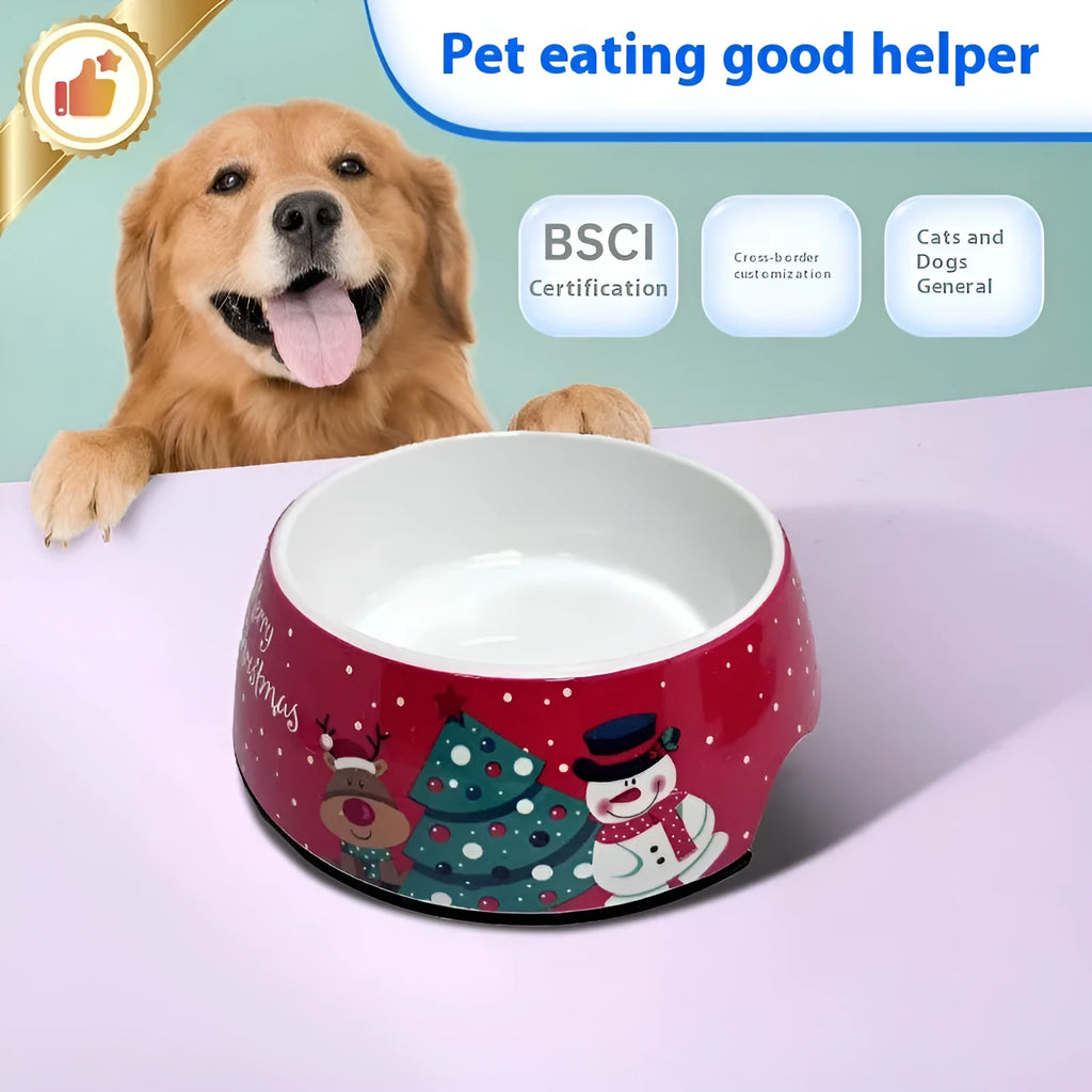 Red Christmas-themed double layer pet bowl with stainless steel interior and melamine exterior