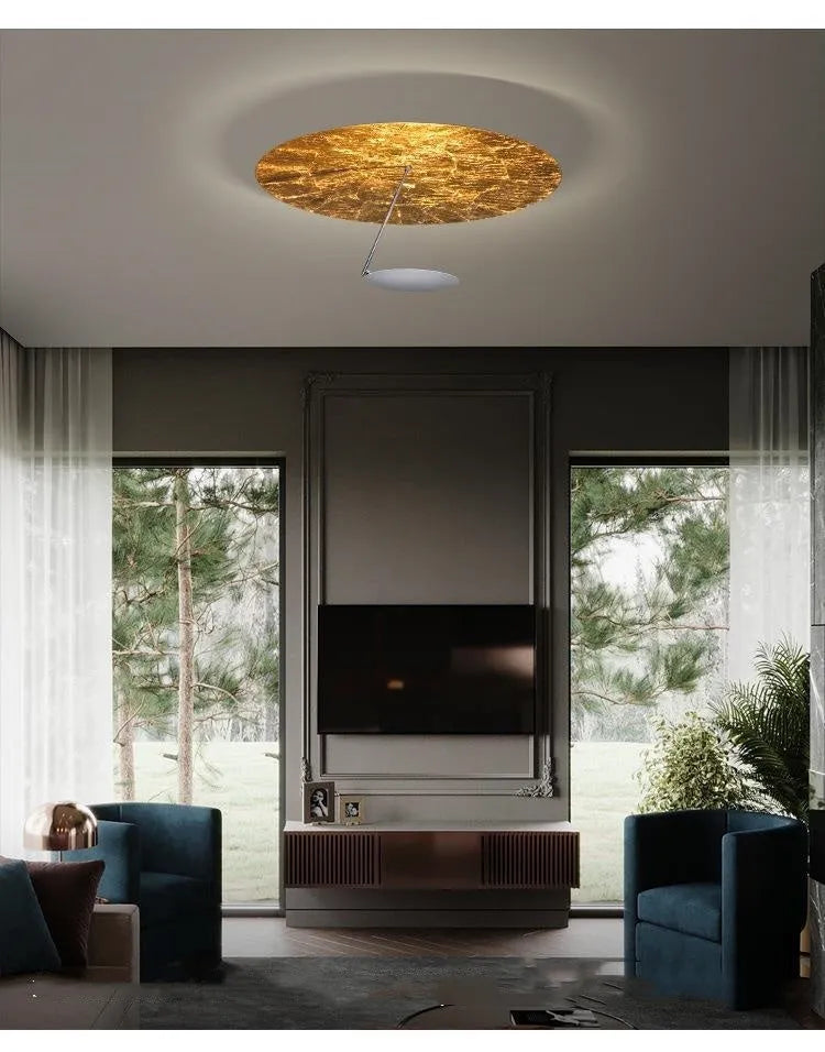 White and white gold 50cm diameter iron ceiling lamp with warm LED light.