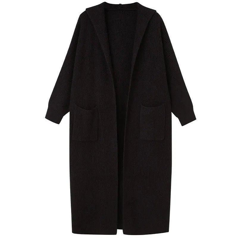 Long grey knitted cardigan hooded trench coat with loose fit and cashmere wool blend fabric