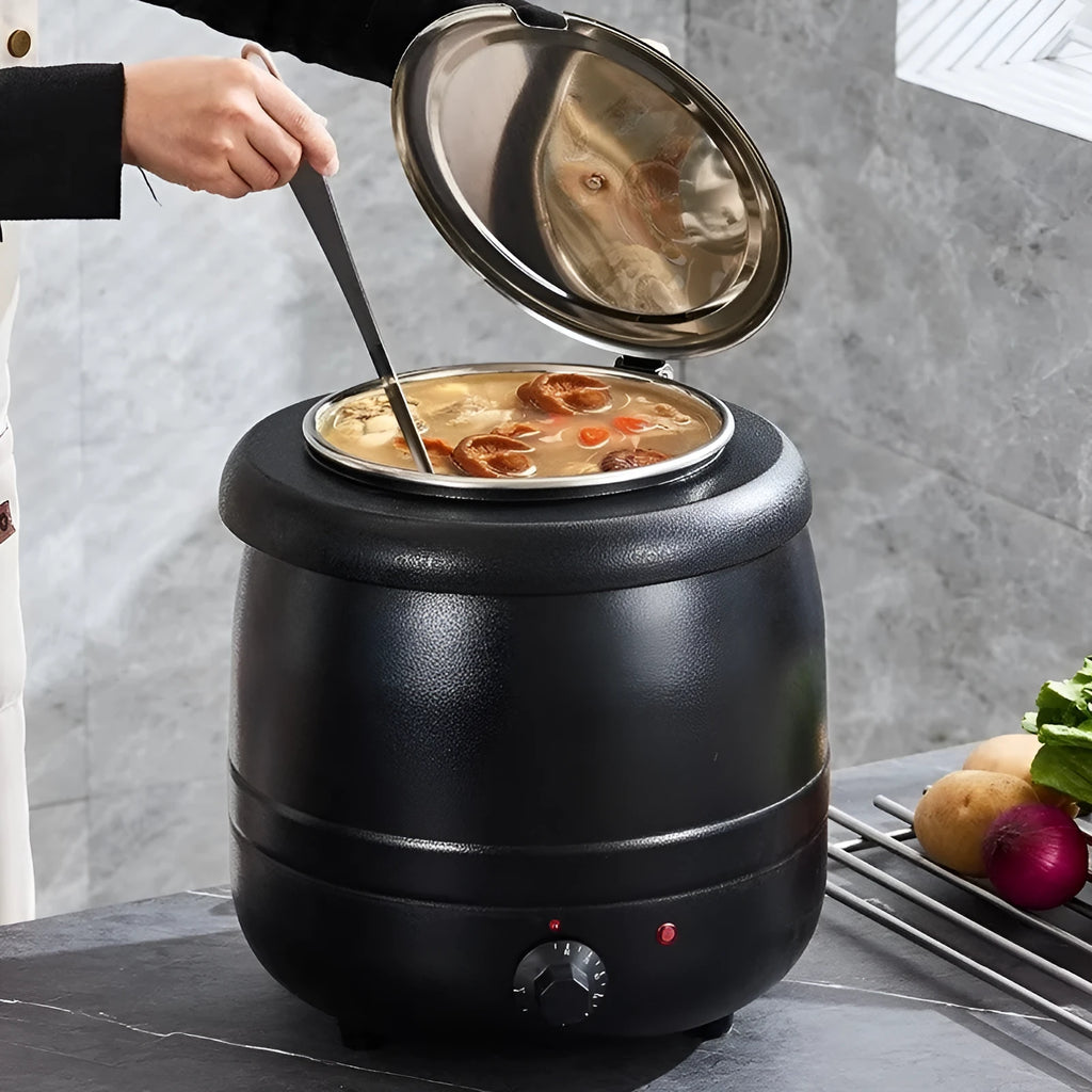 Black and stainless steel 10-litre electric insulation pot with large cover and adapter plug.