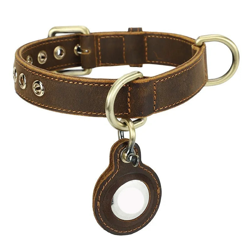 Brown handmade double-sided cowhide dog collar with retro styling for positioning and anti-lost tracking
