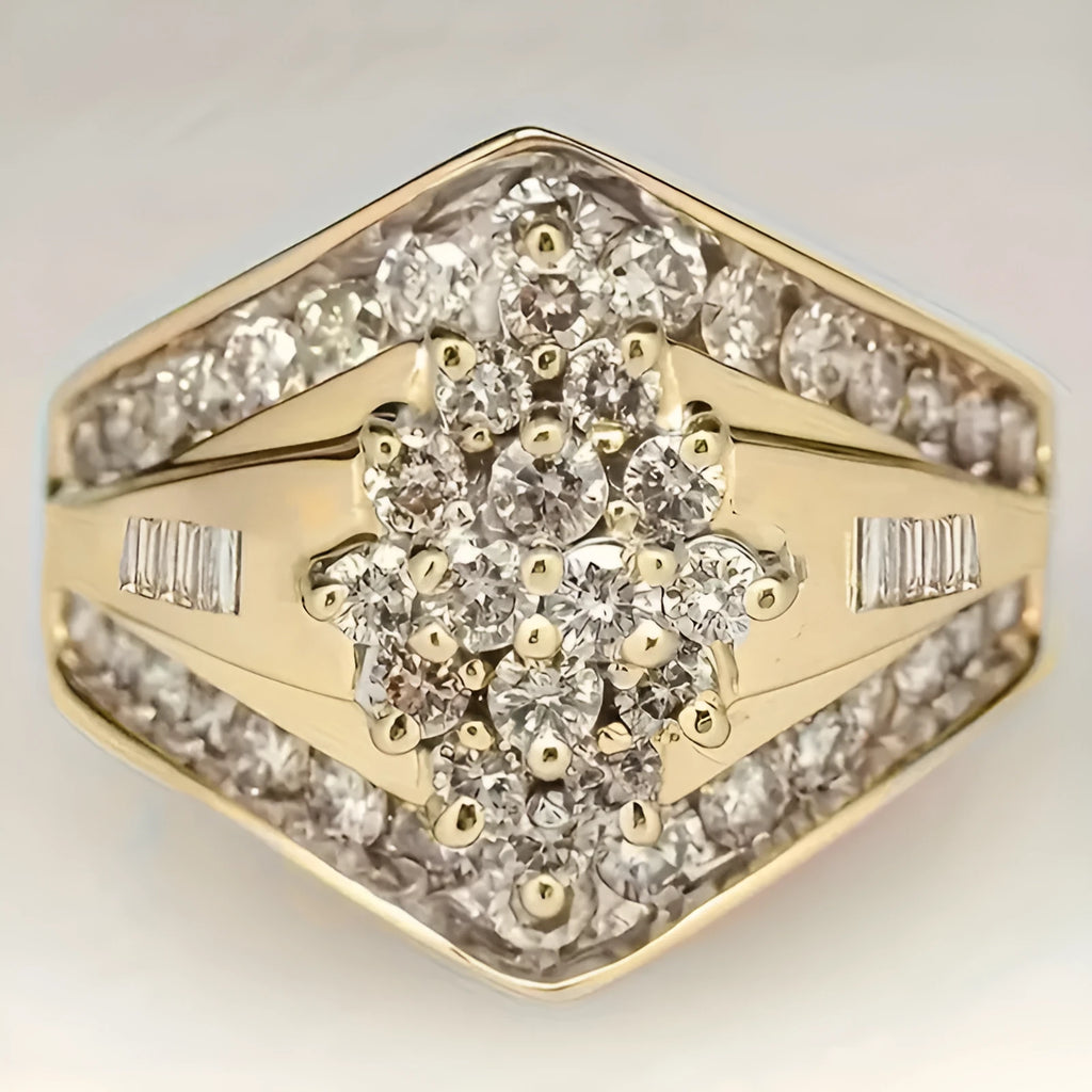 Gold electroplated copper heavy industry ring with geometric palace style design on finger