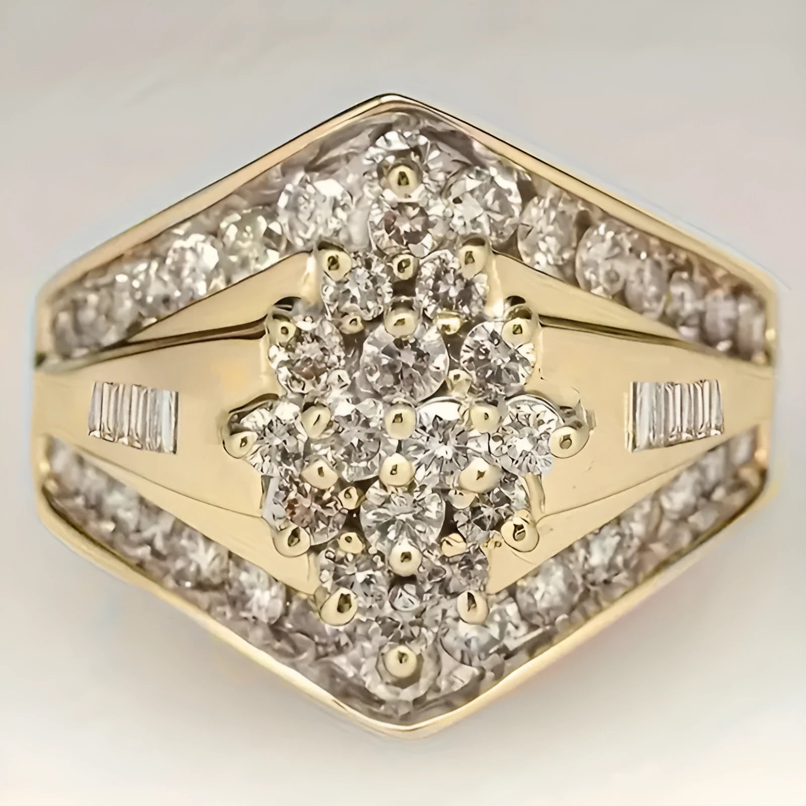 Gold electroplated copper heavy industry ring with geometric palace style design on finger