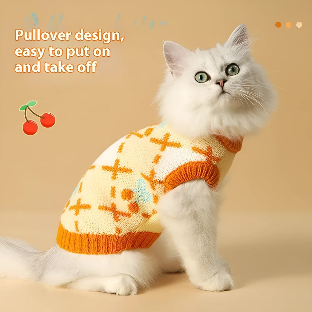 Orange cherry diamond pattern cat sweater for autumn winter warmth in S M L XL sizes