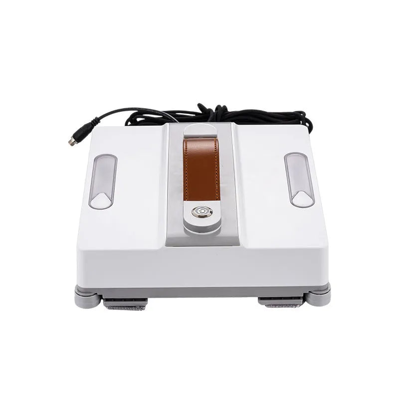 White window cleaning robot with four spray nozzles for automated high-rise window washing