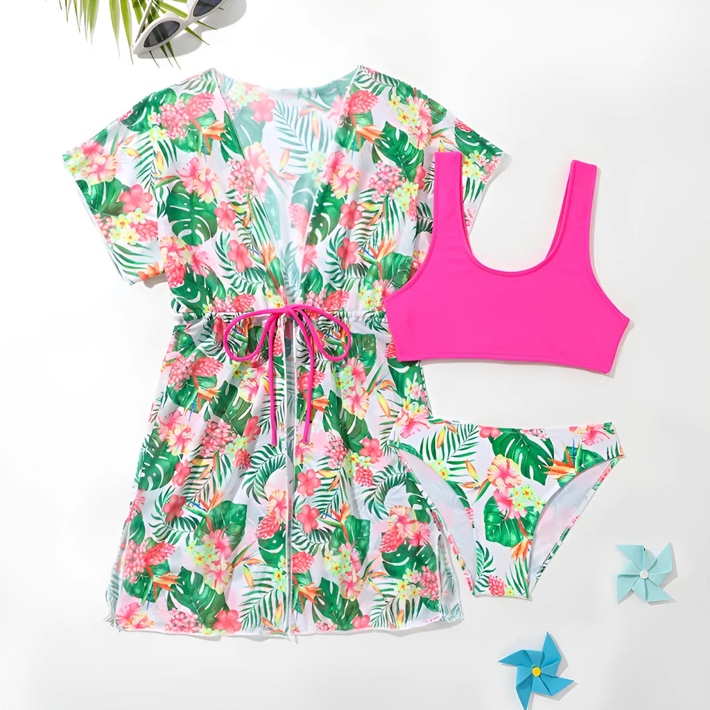 Girls' two-piece swimsuit with Korean floral pattern in polyester fabric, sizes 130cm to 160cm for ages 3-12