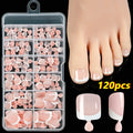Box of 120 French white edge square short artificial nail pieces in multiple nude shades