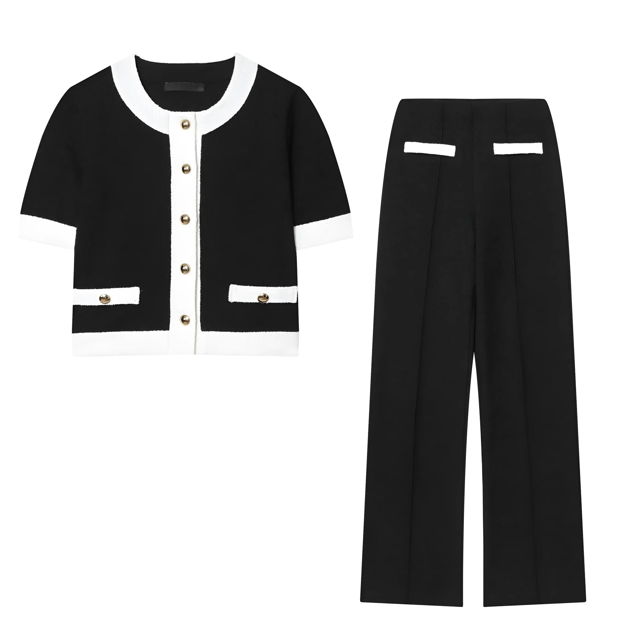 Women's polyester two-piece suit with beaded leather detail on round neck top and high-waisted stretch trousers