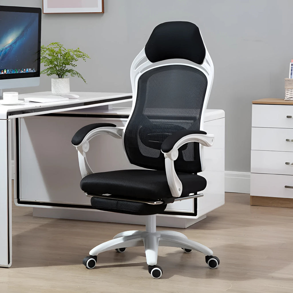 Black and white ergonomic computer gaming chair with linkage armrests and recline function.