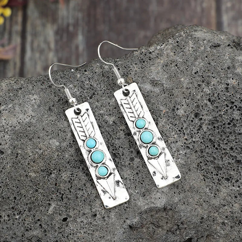 Silver geometric earrings with turquoise inlay on long strip zinc alloy design for women