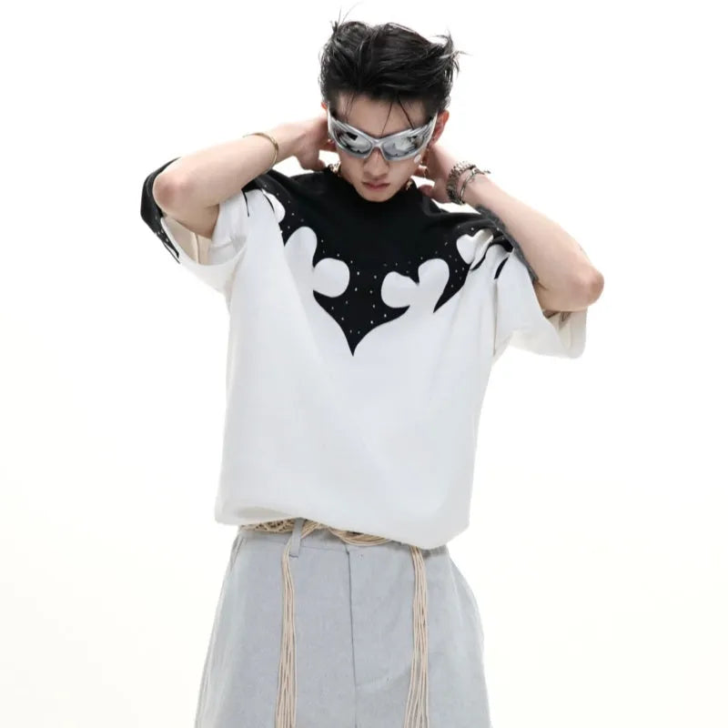 Men's grey cotton T-shirt with a 3D stitched flower and rhinestone design, showing drop-shoulder short sleeves.