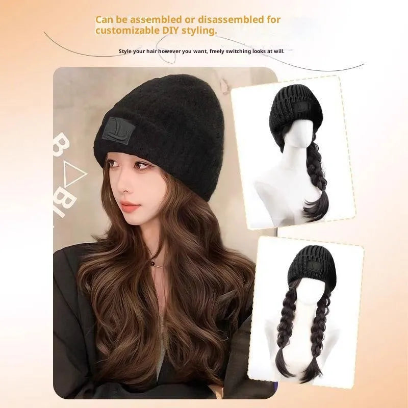 Hat wig for women with integrated cap, large head size, protein filament, big wave style, Brown Black and Cold Brown colours