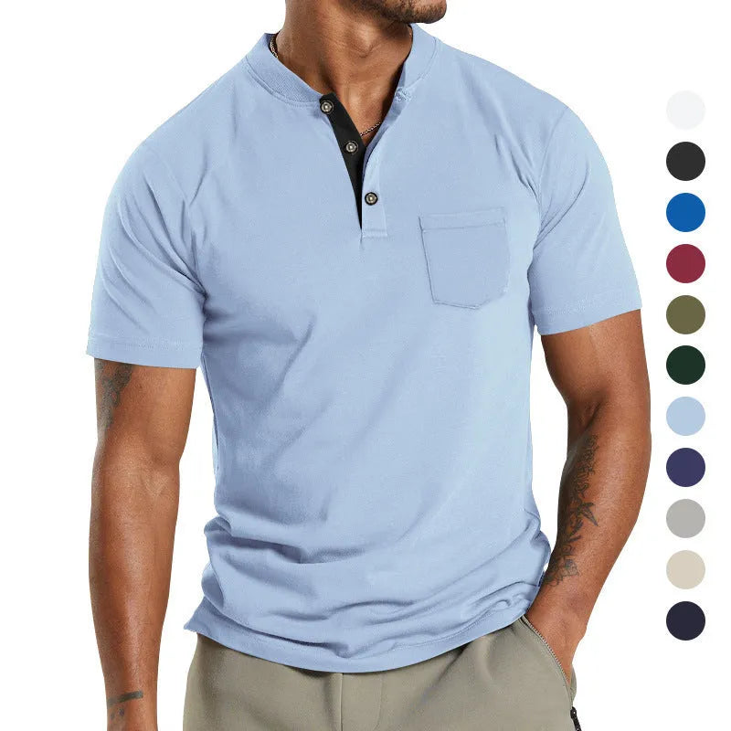 Plus size man wearing a solid colour short sleeve shirt with a buttoned chest pocket.