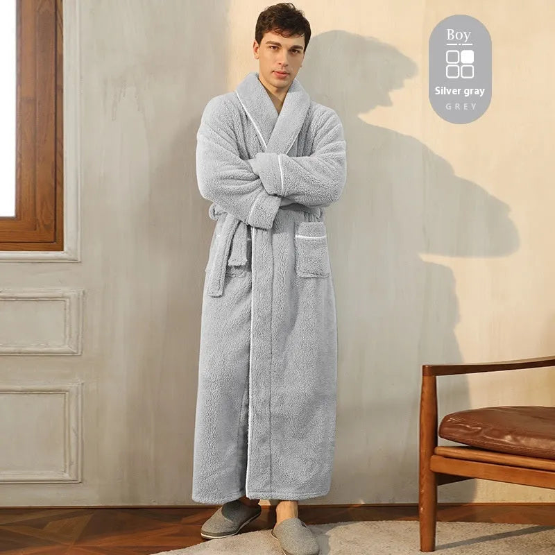 Thick flannel winter bathrobe for couples in multiple colour options like navy blue and cherry yellow.