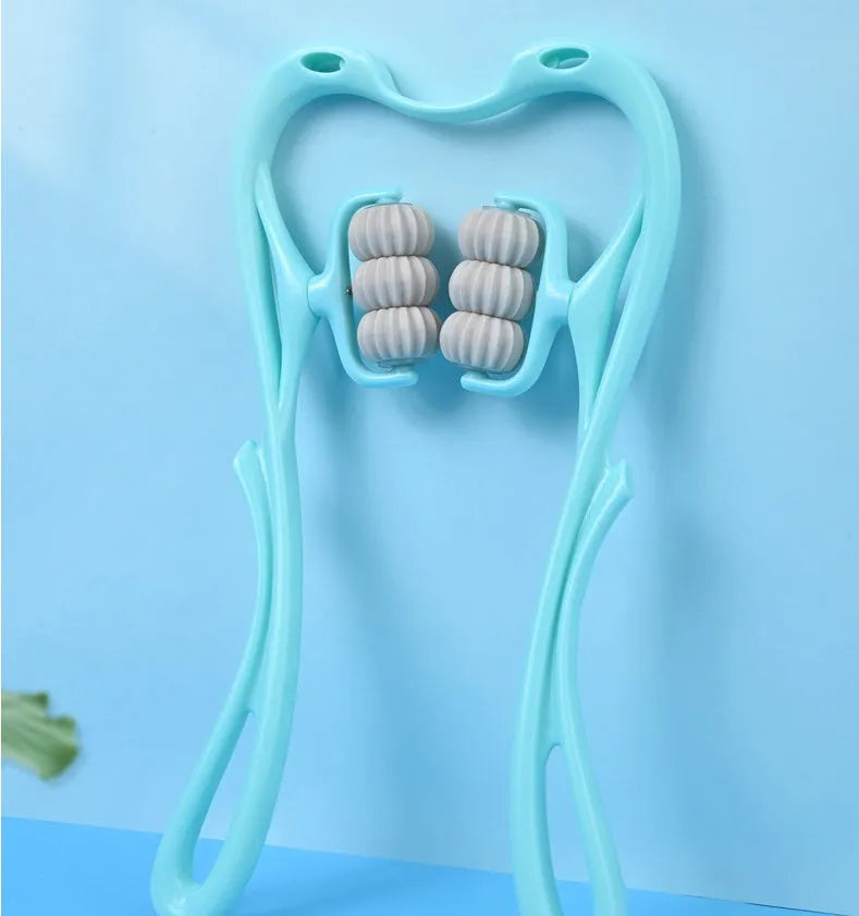 Blue manual swan-shaped neck massager with six rolling wheels and a natural crystal jade scraping board on a white background.