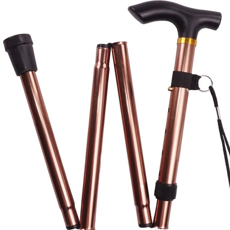 Adjustable aluminium folding walking stick in a chosen colour, shown extended and folded.