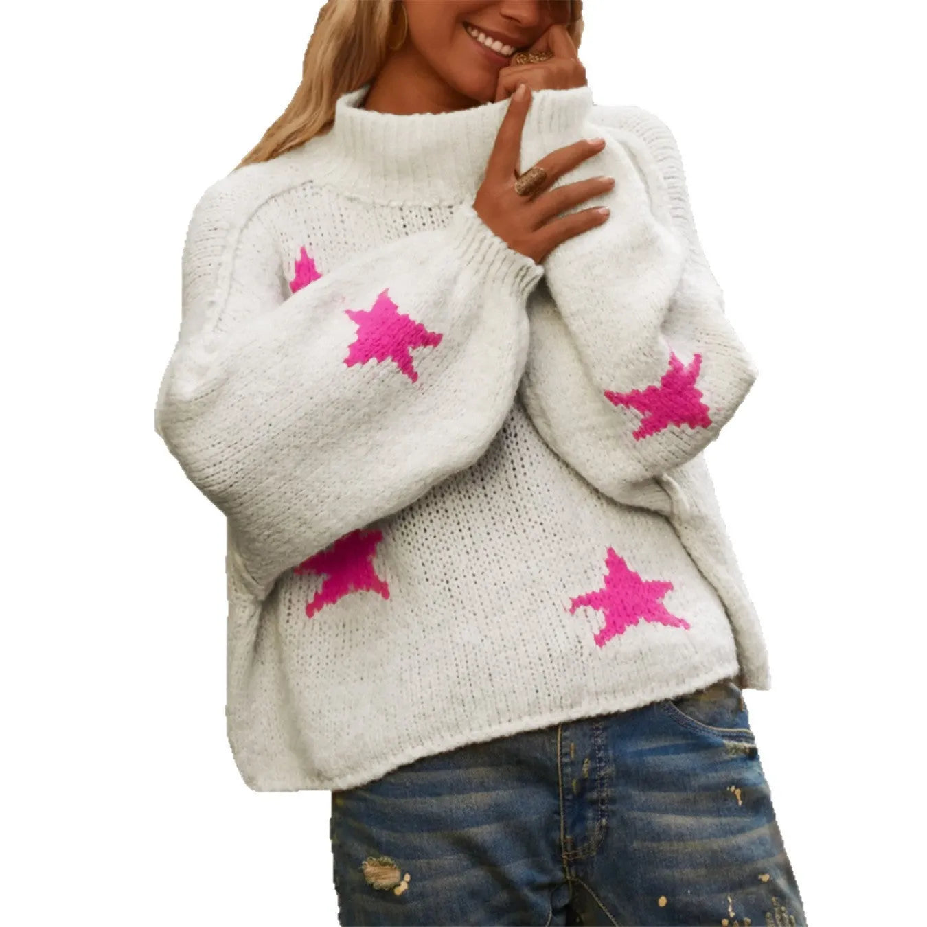 White women's turtleneck pullover with five-pointed star pattern in thick imitation velvet fabric