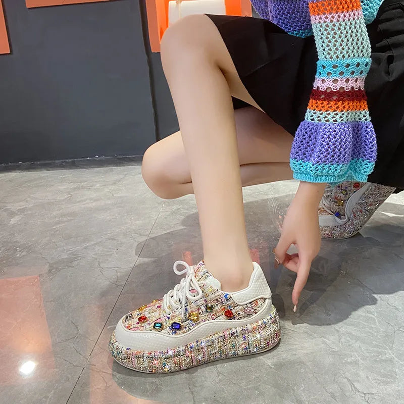 Women's colourful tweed platform loafers with gemstones on slip-on flat shoes, black and white options available