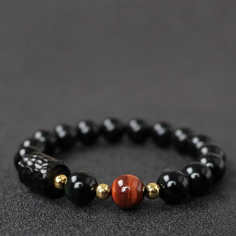 Handmade obsidian bracelet with 10mm tiger eye agate beads in unisex design