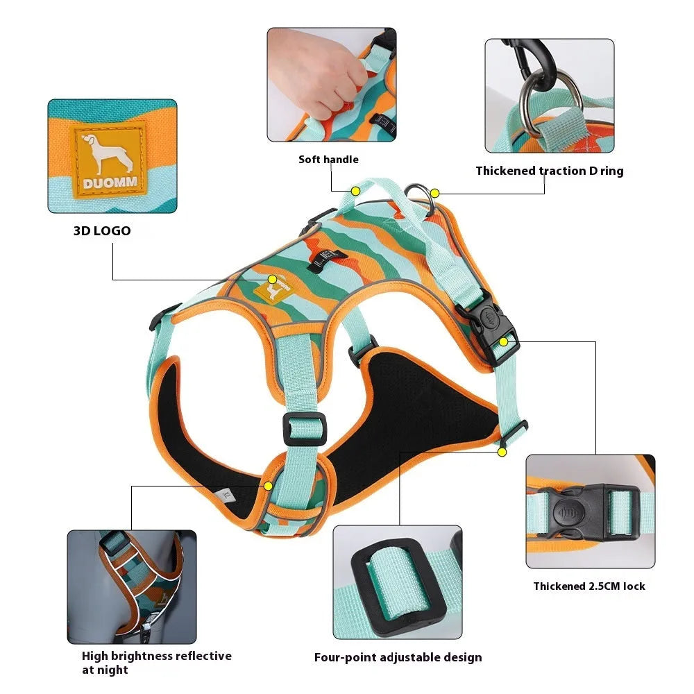 Orange reflective dog walking leash with integrated chest and back harness made from Oxford cloth.
