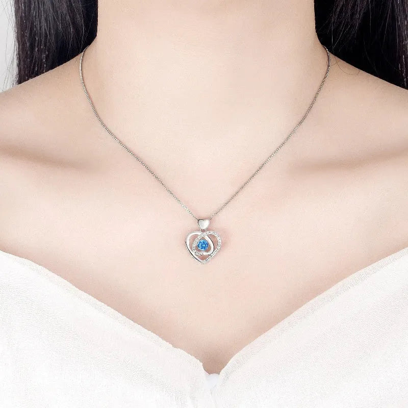 Blue diamond heart necklace and bracelet set with gem inlay on copper chain
