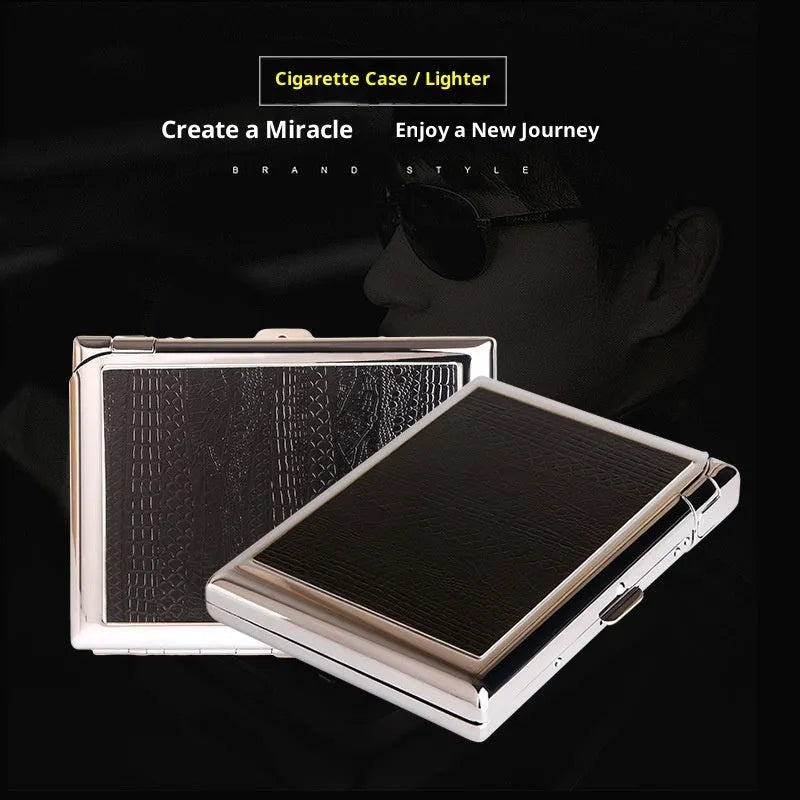 Metal cigarette case with windproof lighter in modern simplicity style, model DH-8923, with leather-like finish.