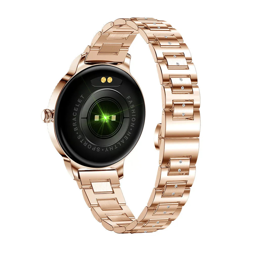 AK38 ladies smart watch with stainless steel band and 1.09-inch colour screen.