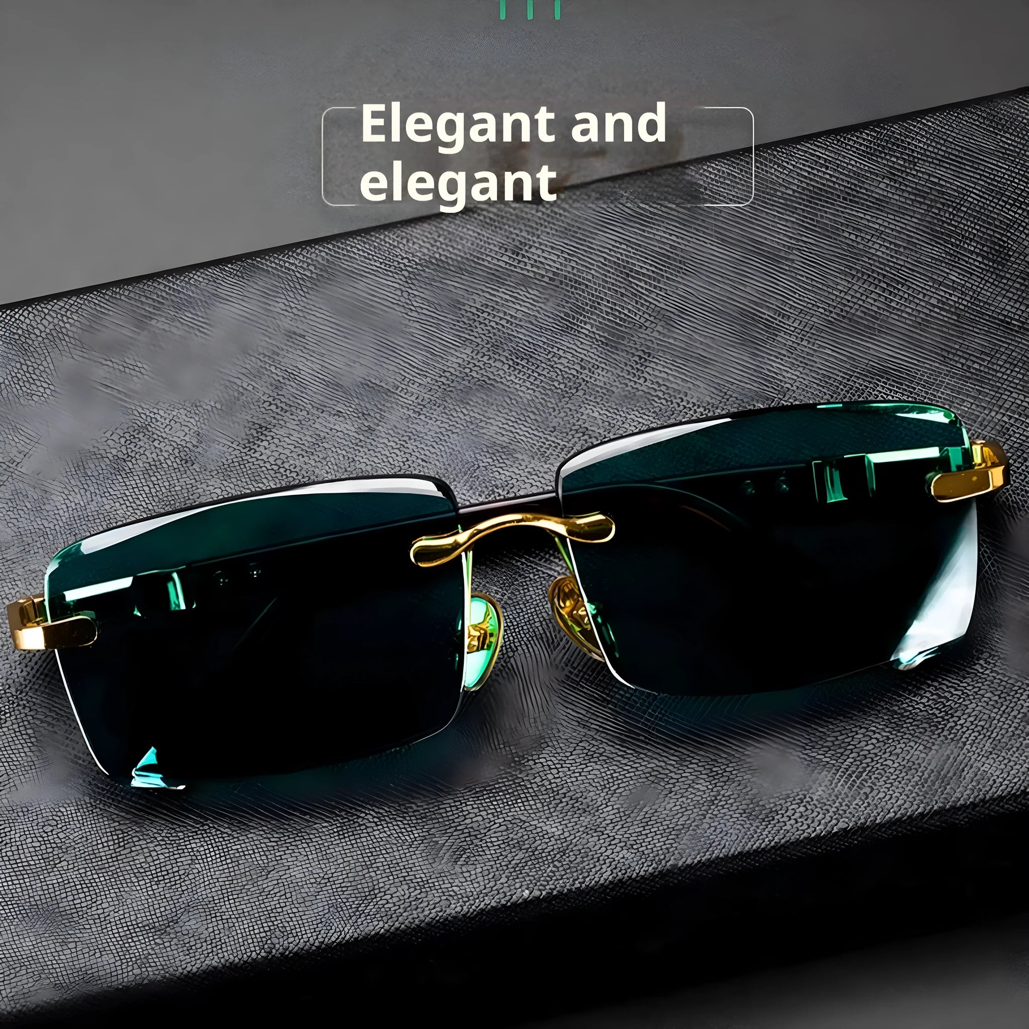 Frameless dark green crystal sunshade glasses with a glasses case and lens cloth