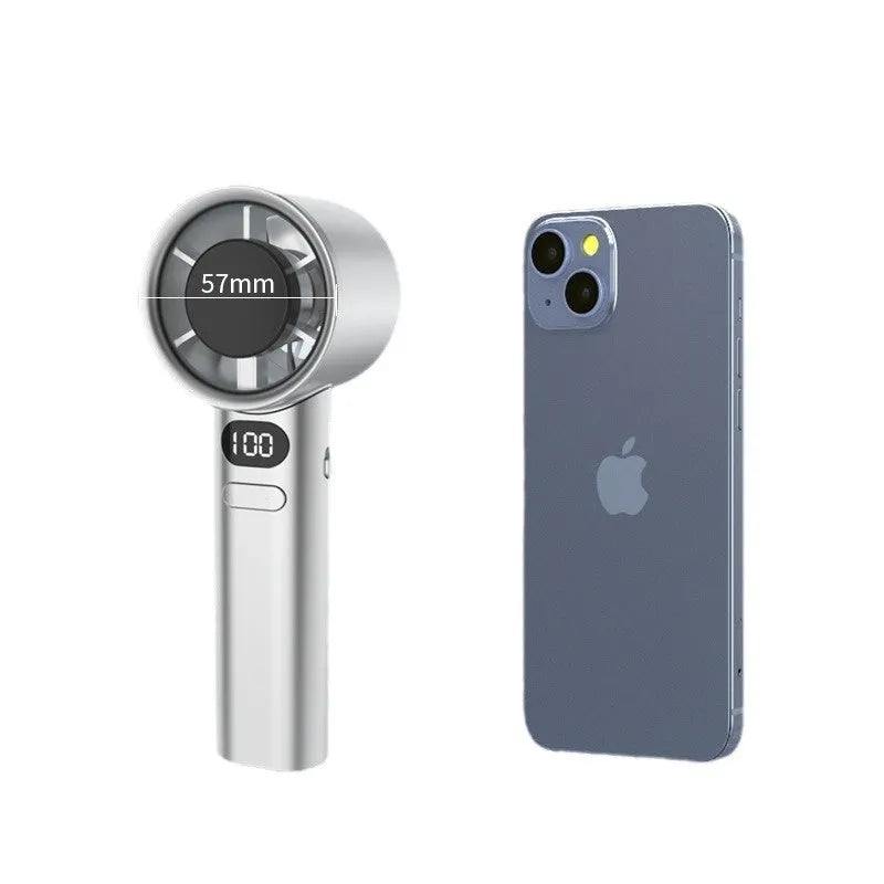 Handheld personal fan showing variable speed control and brushless motor design in choice of four colours