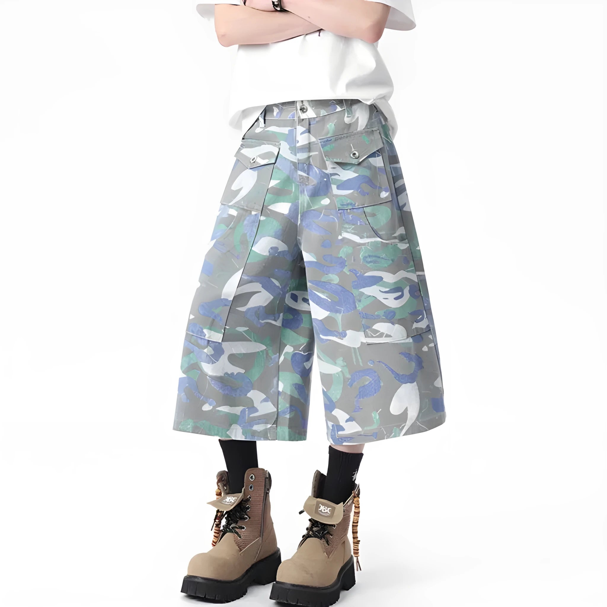 Denim camouflage cropped trousers with straight leg and utility pockets on mannequin