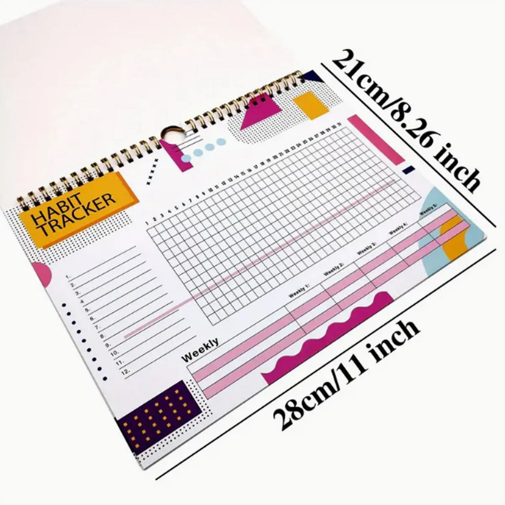 A5 habit tracking notebook in open position showing internal pages, with a choice of pink, purple, floral, or yellow and white covers.