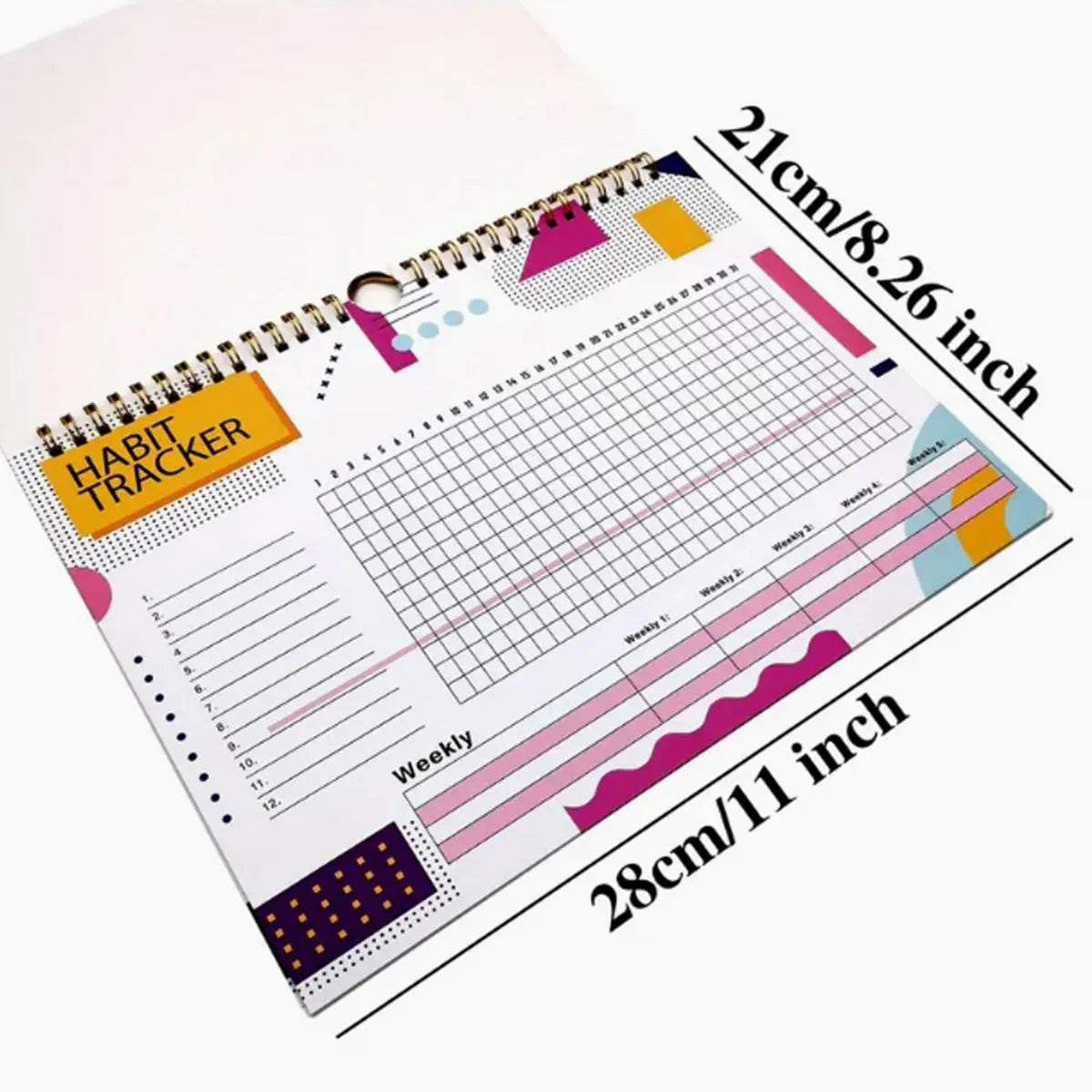 A5 habit tracking notebook in open position showing internal pages, with a choice of pink, purple, floral, or yellow and white covers.