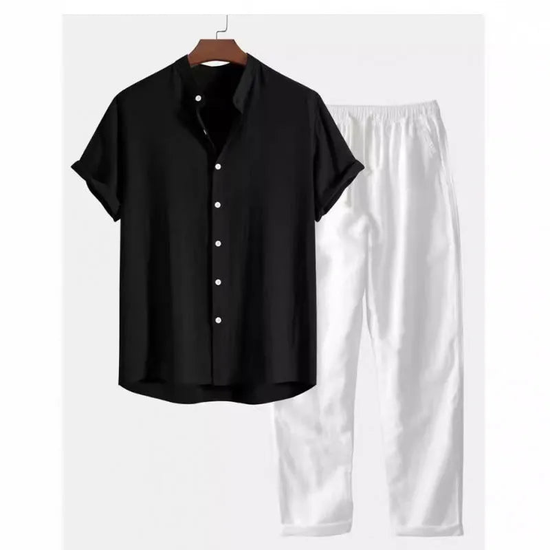 Men's casual linen-style shirt and trousers set in loose fit with short sleeves