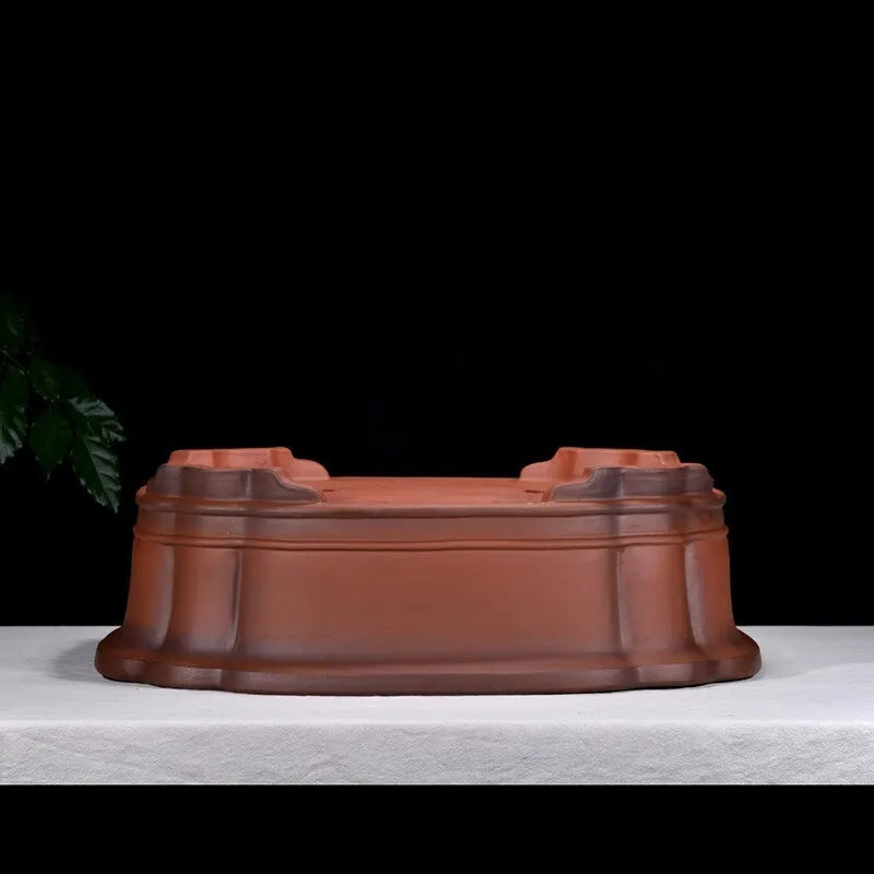 Antique Chinese style purple clay rectangular flowerpot with tree stump and floral relief pattern, 71cm long